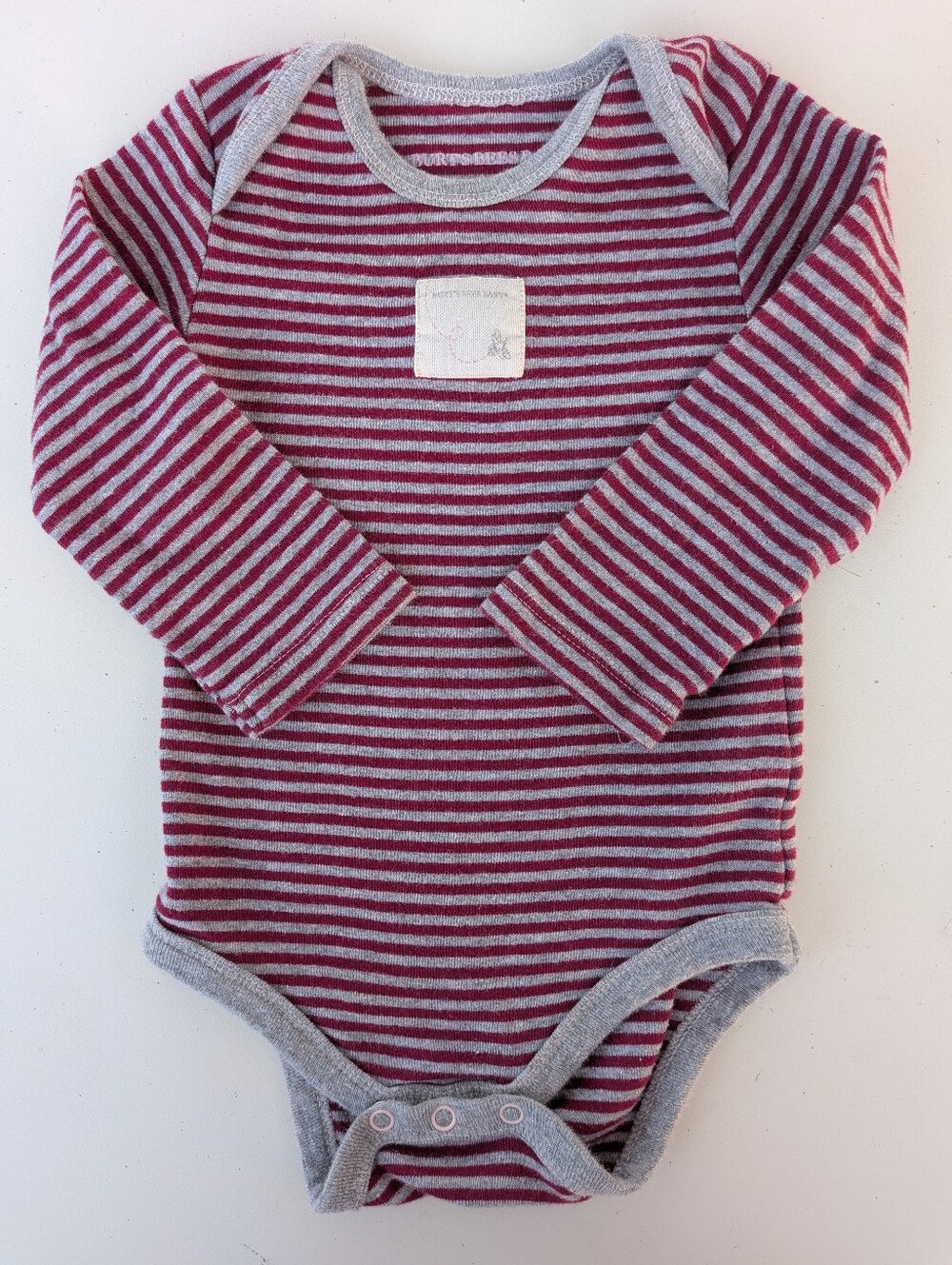 Burts Bee's Baby Long Sleeve Striped Onsie Raspberry Red/Grey Stripe 3-6M